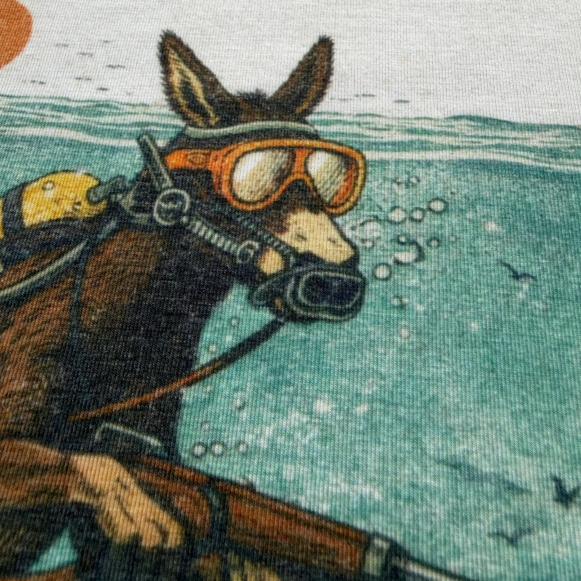 Ghost Series Illustration of a donkey wearing diving gear with a spear gun, underwater scene.