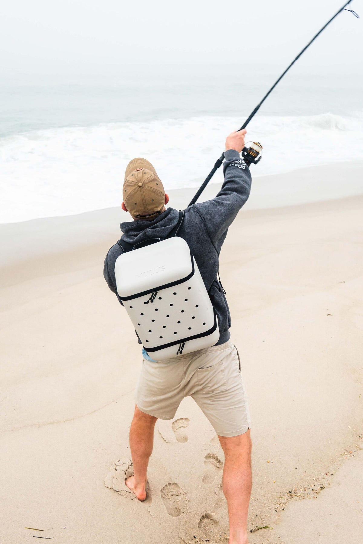 Ash Gray MULUS ROAMER backpack used while surf fishing